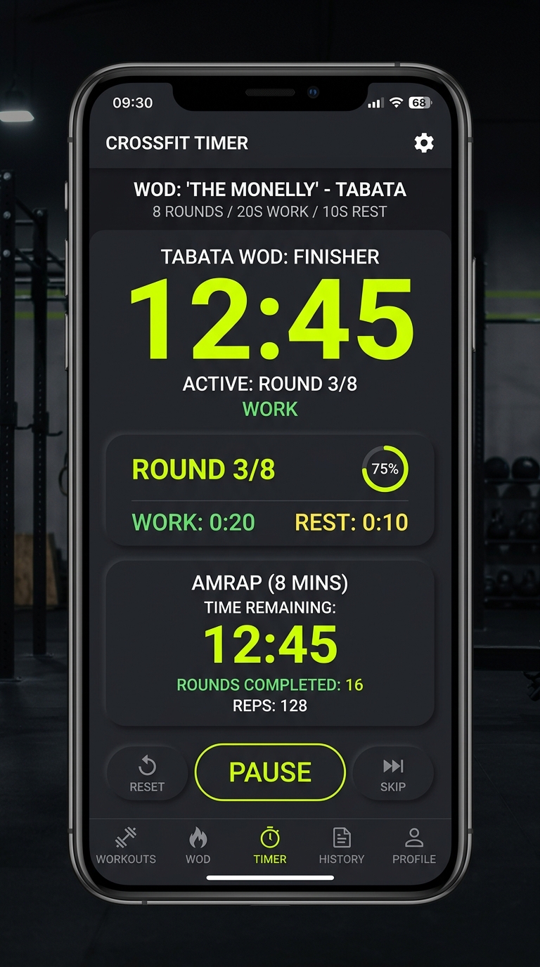 WOD X application screen showing CrossFit Tabata timer